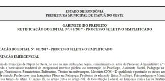 Prefeitura de Itapuã do Oeste – RO abre processo seletivo
