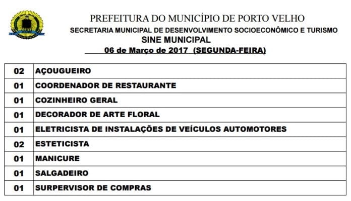 Sine Porto Velho oferta 11 vagas nesta segunda, 06