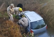 Carro cai dentro de córrego após capotamento na RO-010