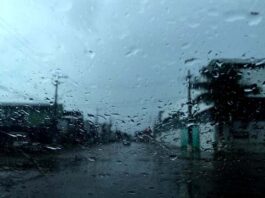 Chuvas atingem a Região Norte, mas o calor continua acima dos 35°C Visão através do para-brisa de um carro coberto por gotas de chuva, mostrando uma rua da cidade durante um dia de tempo fechado e nublado.