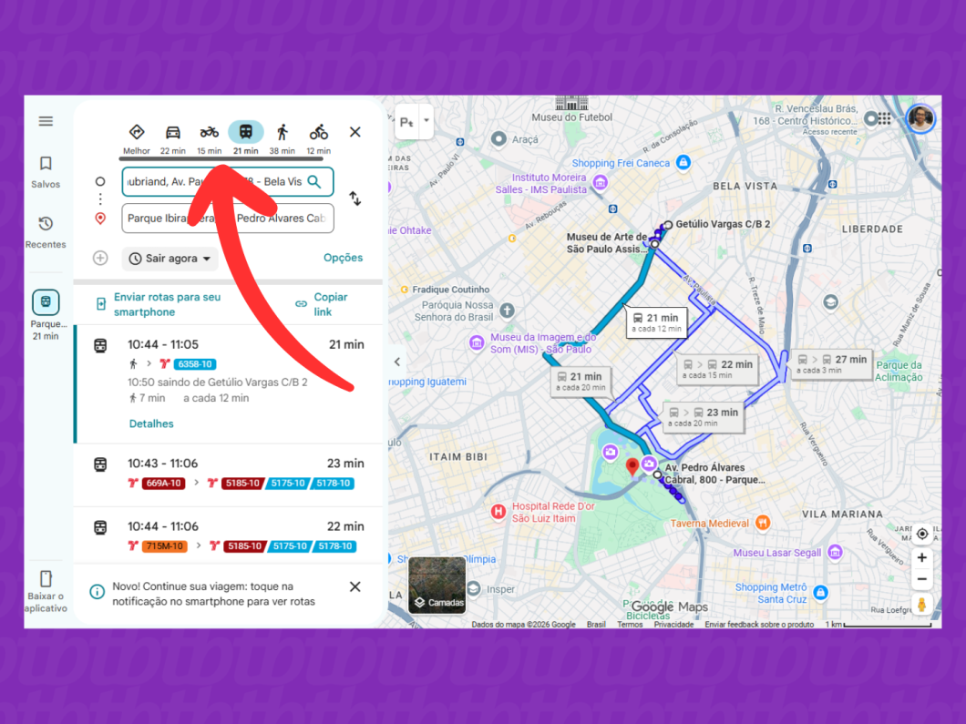 Definindo o meio de transporte para calcular a rota no Google Maps (imagem: Lupa Charleaux/Tecnoblog)