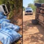 Fotografia dividida mostrando uma carrinha branca capotada numa estrada de terra e vários sacos azuis espalhados pela berma da via.