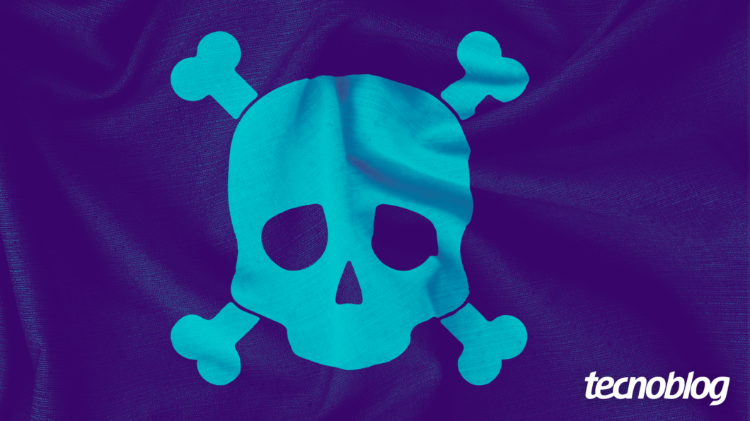 Imagem mostra uma caveira azul centralizada, simbolizando a pirataria. Na parte inferior direita, o logotipo do "tecnoblog" é visível.