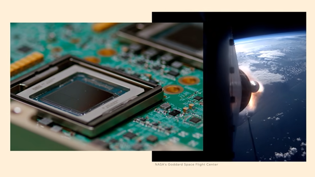 Imagem mostra duas imagens. Primeiro, um chip em uma placa. Depois, a imagem da Terra vista de um satélite
