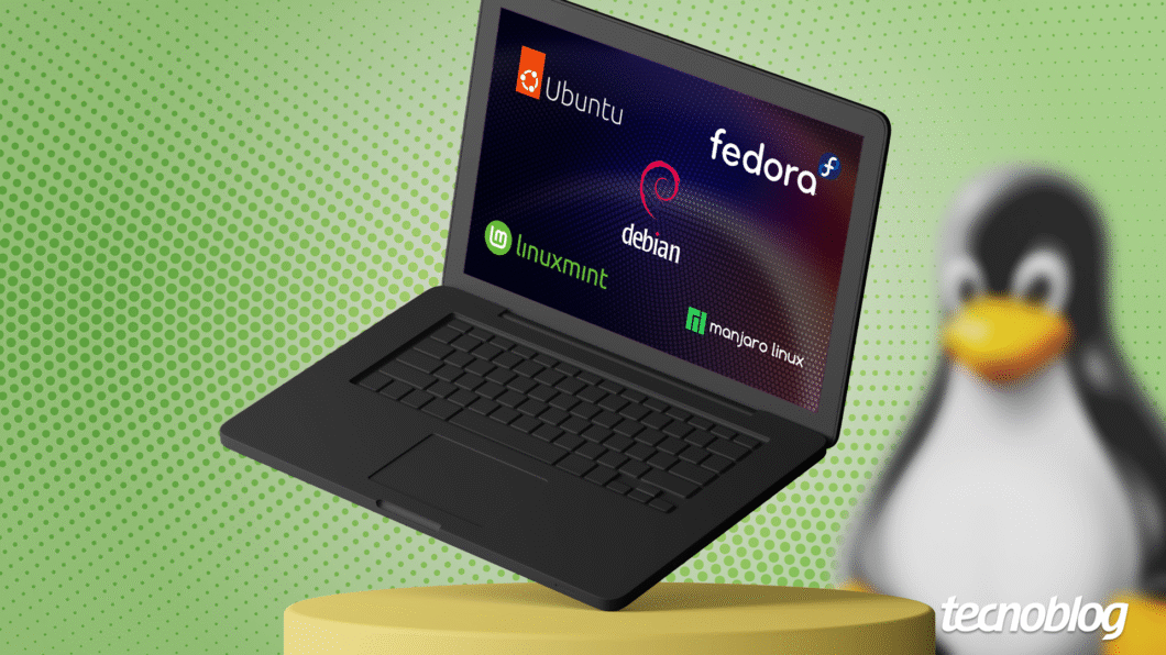 Ilustração de notebook com várias distribuições Linux na tela