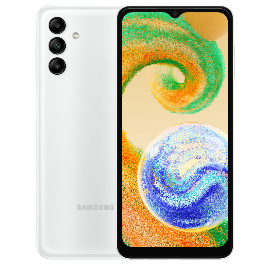 Imagem mostra um celular Galaxy A04s branco em um fundo igualmente branco