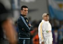 Sem Messi, Argentina foca na renovação do técnico Lionel Scaloni O técnico Lionel Scaloni, vestindo traje esportivo da seleção argentina, gesticula à beira do gramado enquanto orienta a sua equipe durante uma partida oficial.