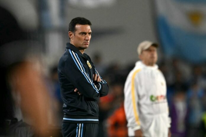 O técnico Lionel Scaloni, vestindo traje esportivo da seleção argentina, gesticula à beira do gramado enquanto orienta a sua equipe durante uma partida oficial.
