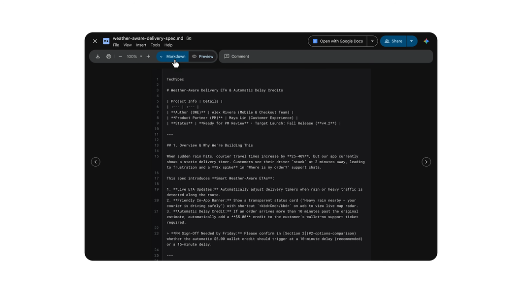 captura de tela mostrando opção para visualizar markdown e versão formatada no drive