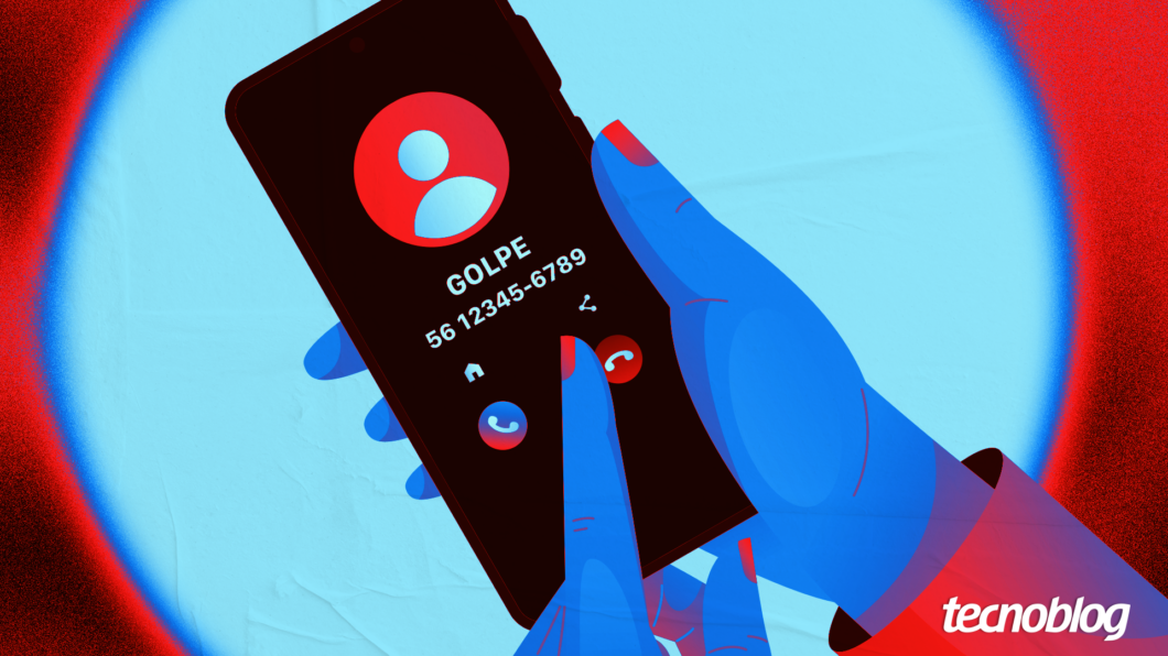 Ilustração de uma mão segurando um smartphone. A tela exibe uma chamada recebida, com a identificação de golpe. Na parte inferior direita, o logo do "Tecnoblog" é visível.