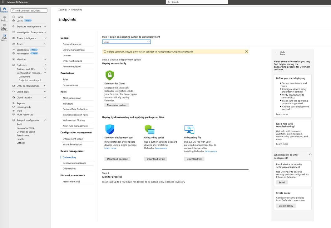 Captura de tela das configurações de segurança do Defender no Linux