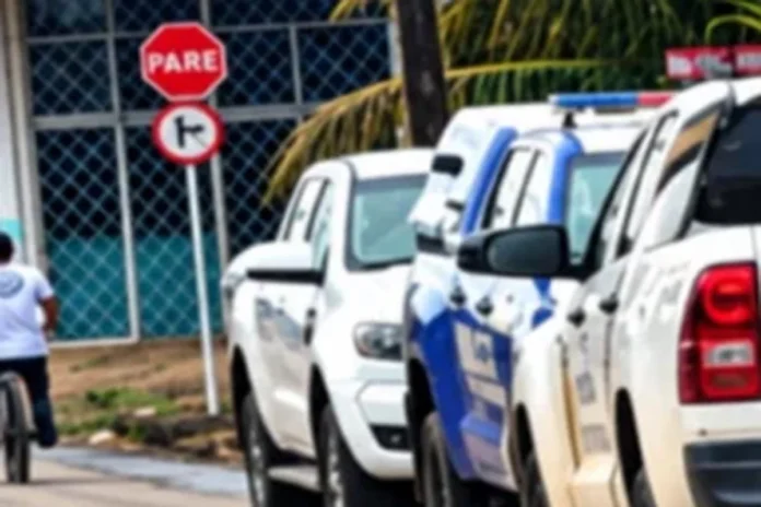 Viaturas da polícia em ocorrência Viaturas da Polícia Militar e da Polícia Civil estacionadas em fila ao longo de uma rua durante o atendimento de uma ocorrência.