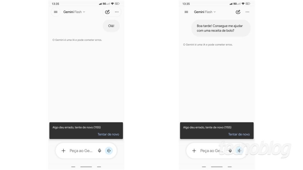 Mensagem de erro no Google Gemini