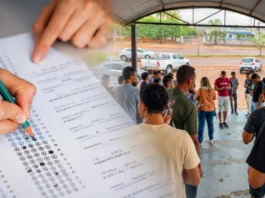 Montagem fotográfica mostrando uma pessoa preenchendo o gabarito de uma prova de múltipla escolha e, ao fundo, um grupo de candidatos aguardando do lado de fora do local de exame.