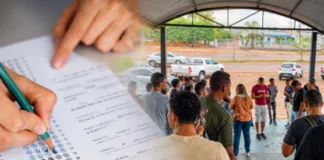 Montagem fotográfica mostrando uma pessoa preenchendo o gabarito de uma prova de múltipla escolha e, ao fundo, um grupo de candidatos aguardando do lado de fora do local de exame.