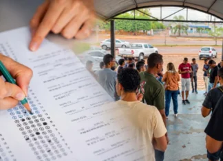Montagem fotográfica mostrando uma pessoa preenchendo o gabarito de uma prova de múltipla escolha e, ao fundo, um grupo de candidatos aguardando do lado de fora do local de exame.