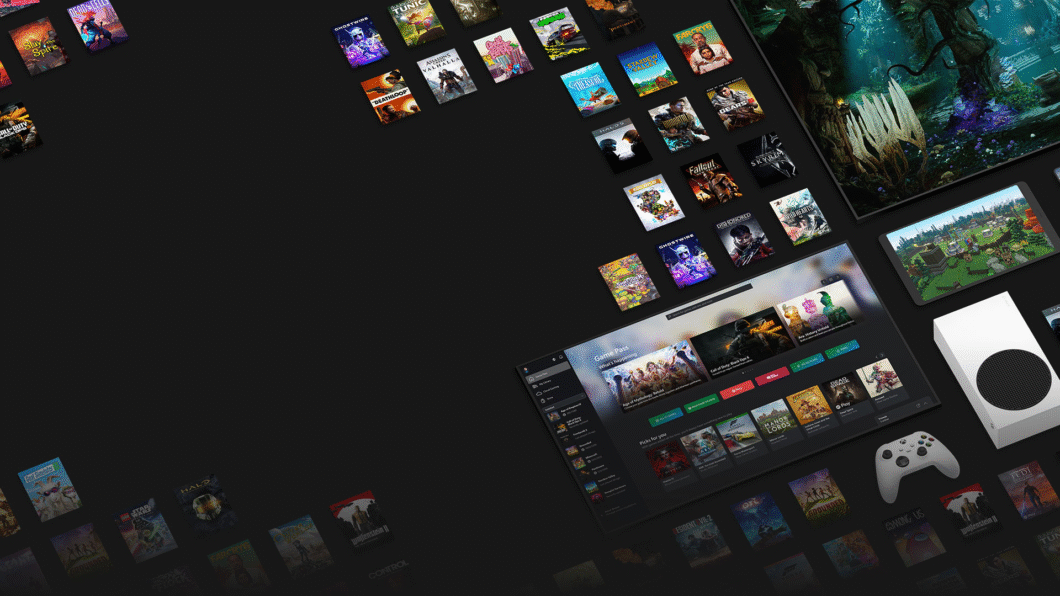 Imagem em fundo preto com diversas capas de games disponíveis no GamePass e dispositivos Xbox no canto