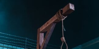 Irã condena 106 manifestantes à morte e já executa 35, aponta ONG Estrutura de madeira formando uma forca com uma corda amarrada, montada à noite contra um fundo escuro e uma cerca.