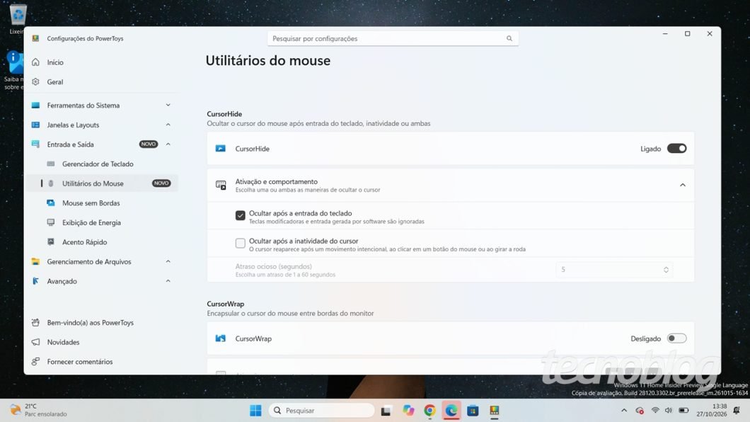 A nova função CursorHide do PowerToys 0.102