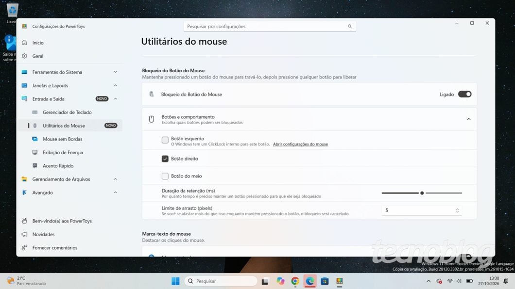 Modo Bloqueio do Botão do Mouse no PowerToys 0.102