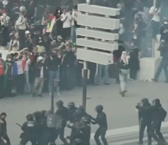Multidão de jovens estudantes e manifestantes reunidos em uma grande avenida na França, segurando faixas e cartazes durante um protesto diurno.