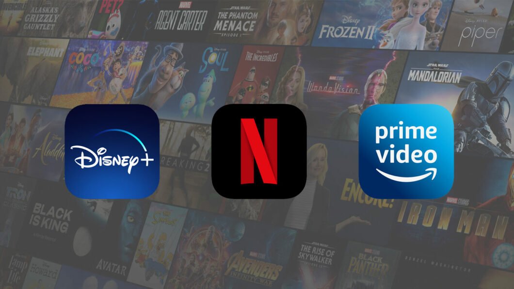 Imagem mostra o ícone dos streamings Disney Plus, Netflix e Amazon Prime Video, respectivamente. 