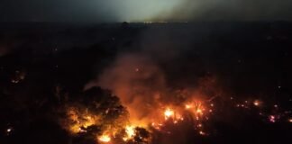 Vista aérea noturna de uma extensa área de floresta em chamas, com grandes focos de fogo alaranjado e muita fumaça subindo pelo escuro.